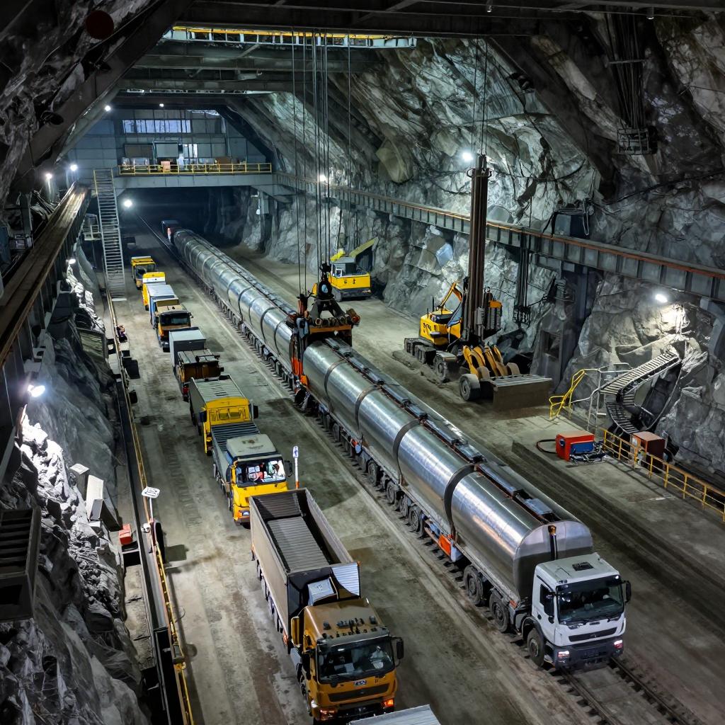 采用坑内卡车—柔性罐道罐笼提升井巷开拓的临时改绞技术第一张图